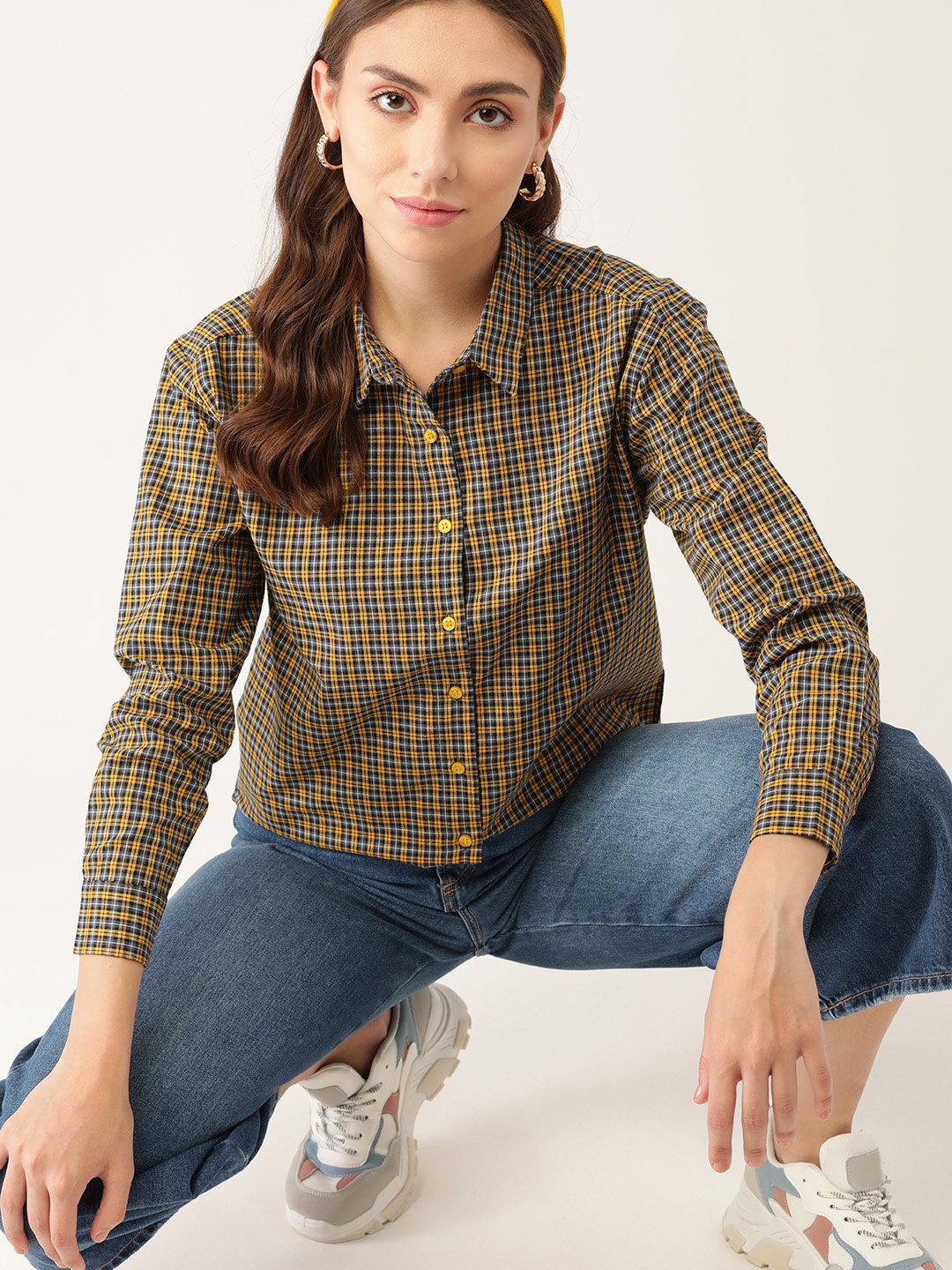 

DressBerry Women Mustard Yellow & Black Tartan Checked Casual Shirt