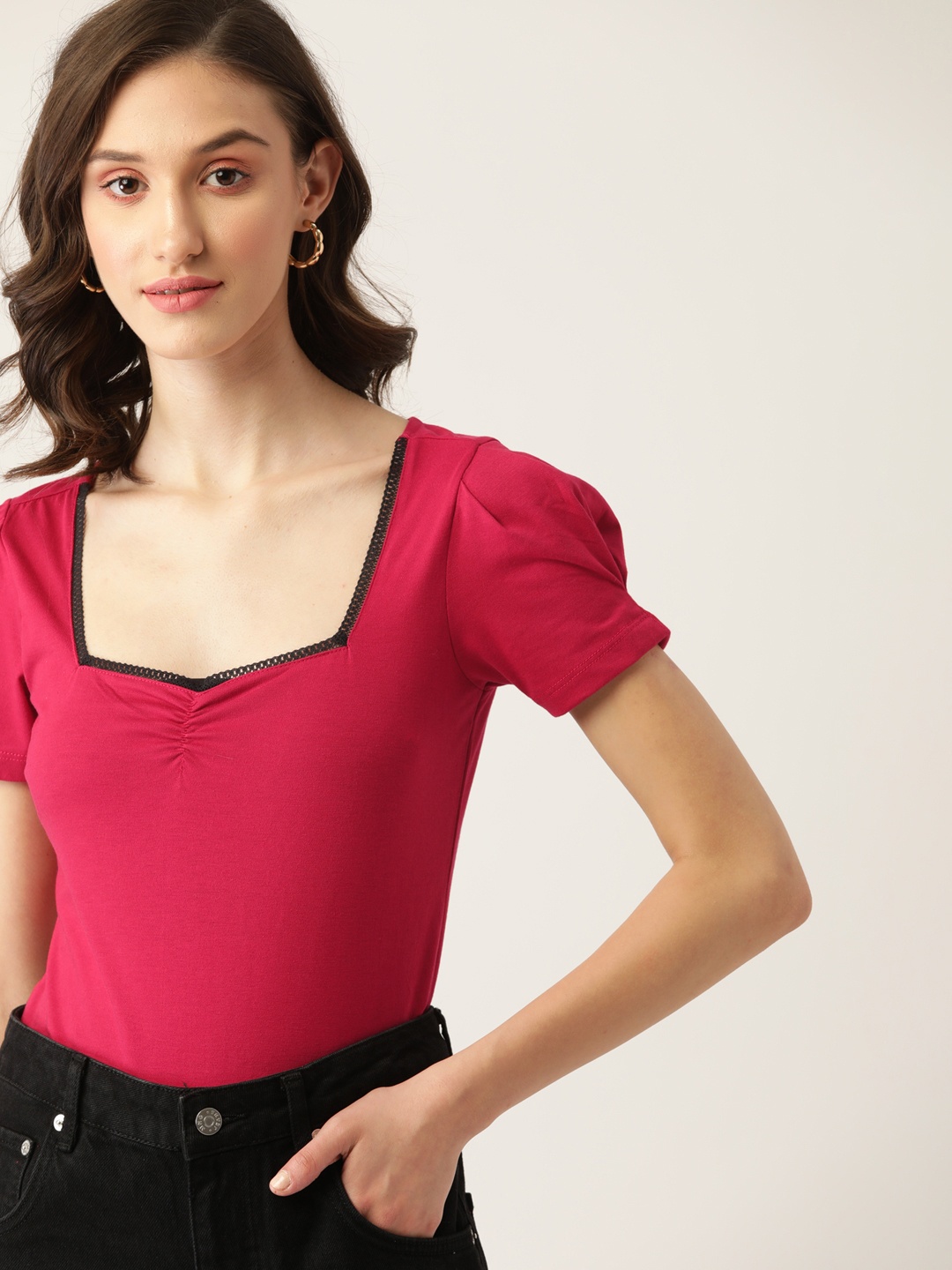 

DressBerry Magenta Solid Sweetheart Neck Top