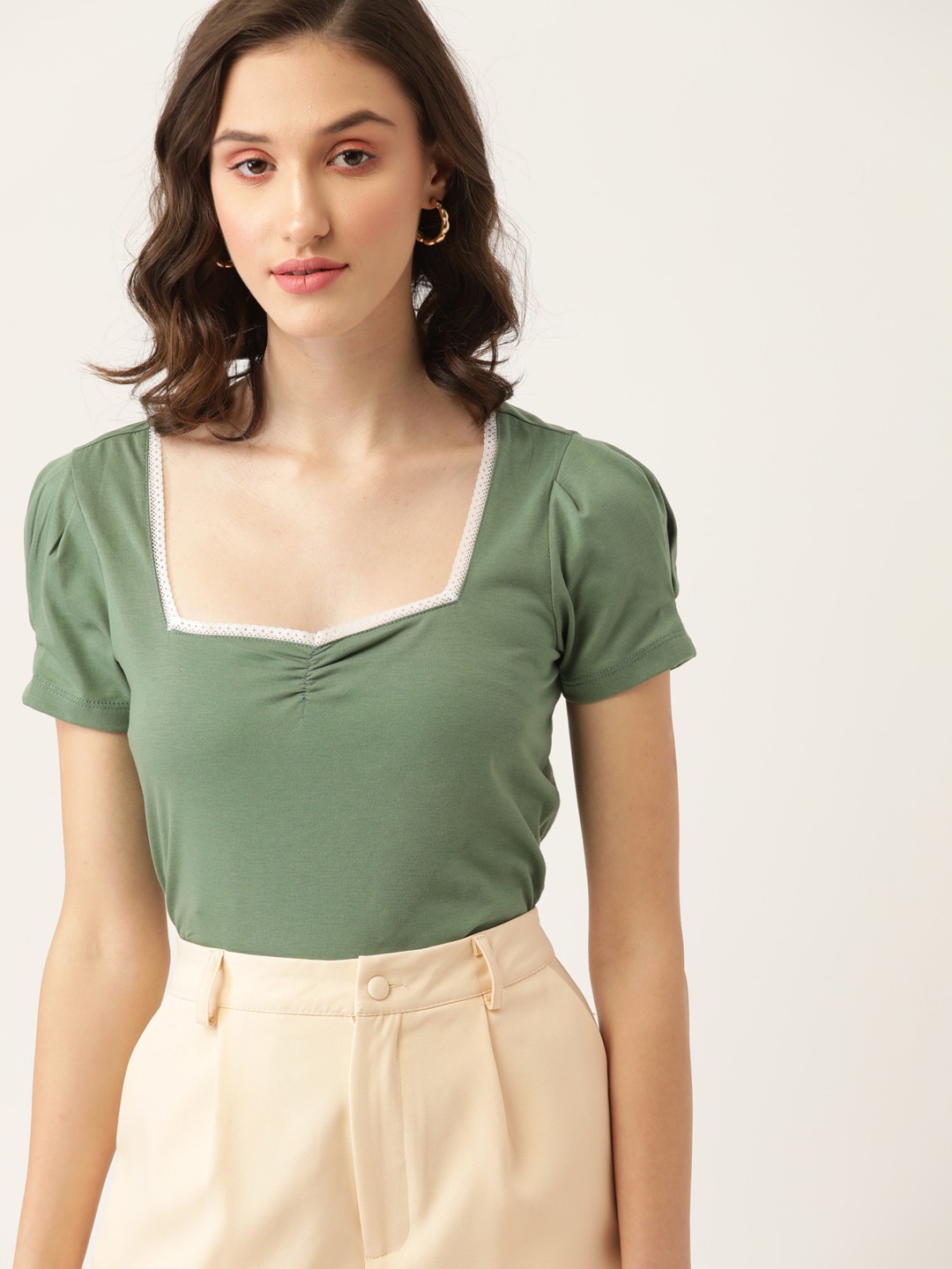 

DressBerry Sage Green Sweetheart Neck Top