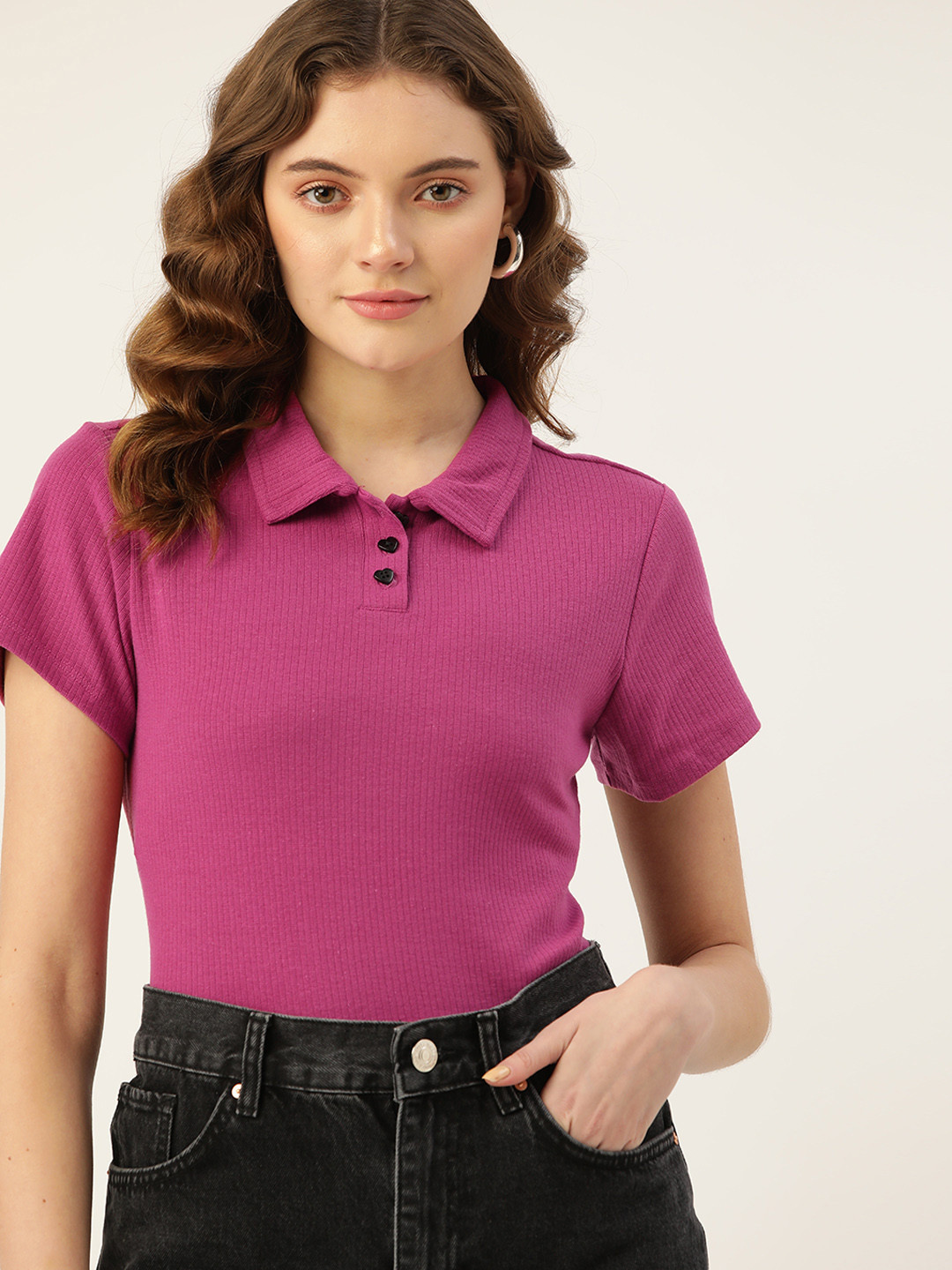 

DressBerry Women Purple Polo Collar T-shirt