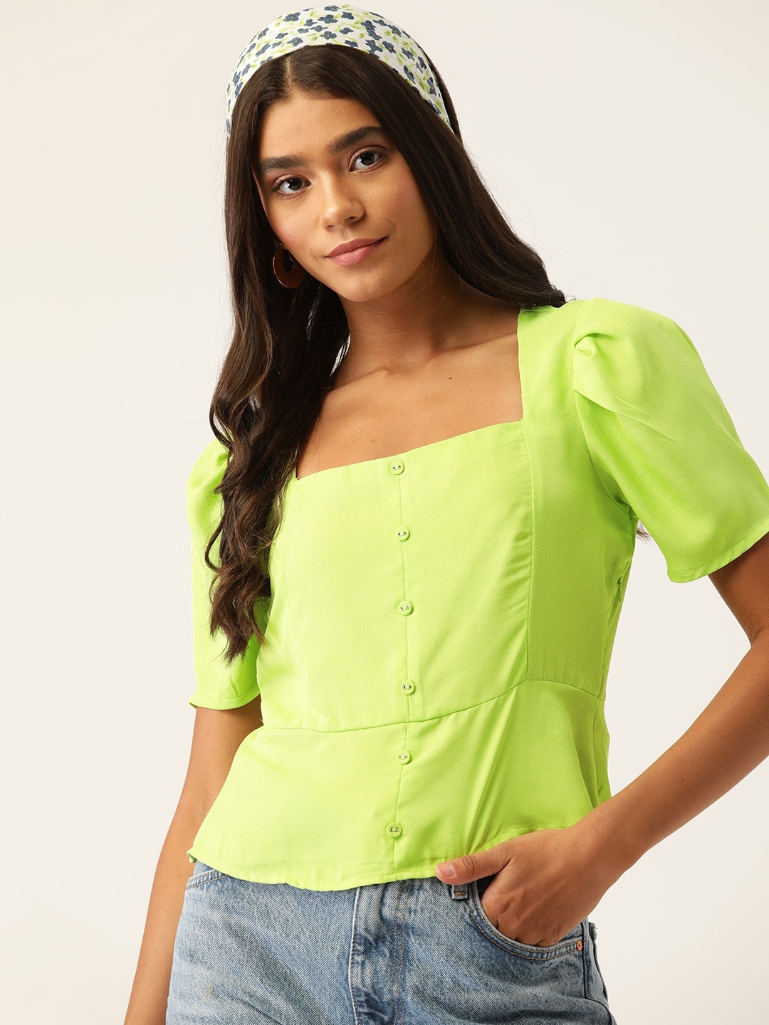 

DressBerry Women Lime Green Top with Puff Sleeves