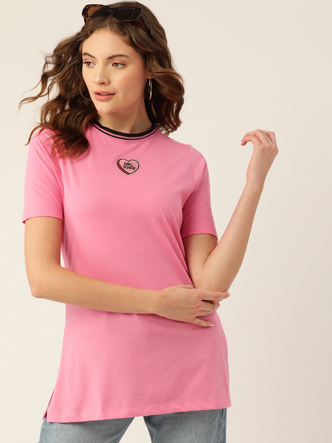 

DressBerry Women Pink Applique Detail T-shirt with Side Slits