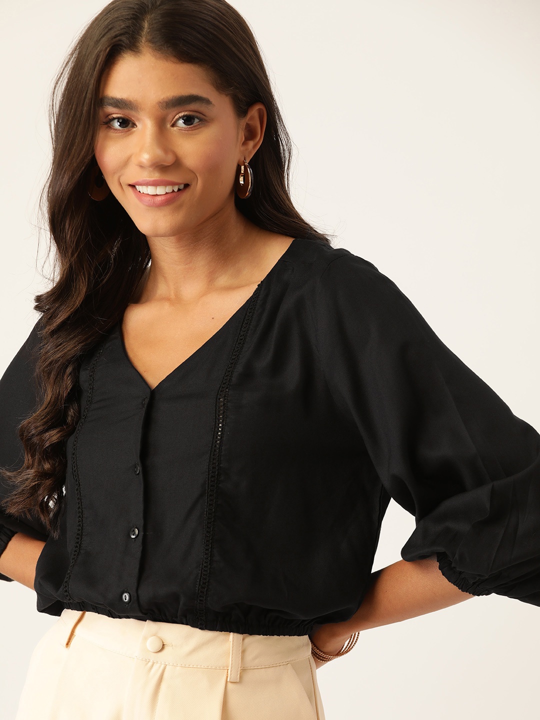 

DressBerry Women Black Solid Puff Sleeves Shirt Style Sustainable Top