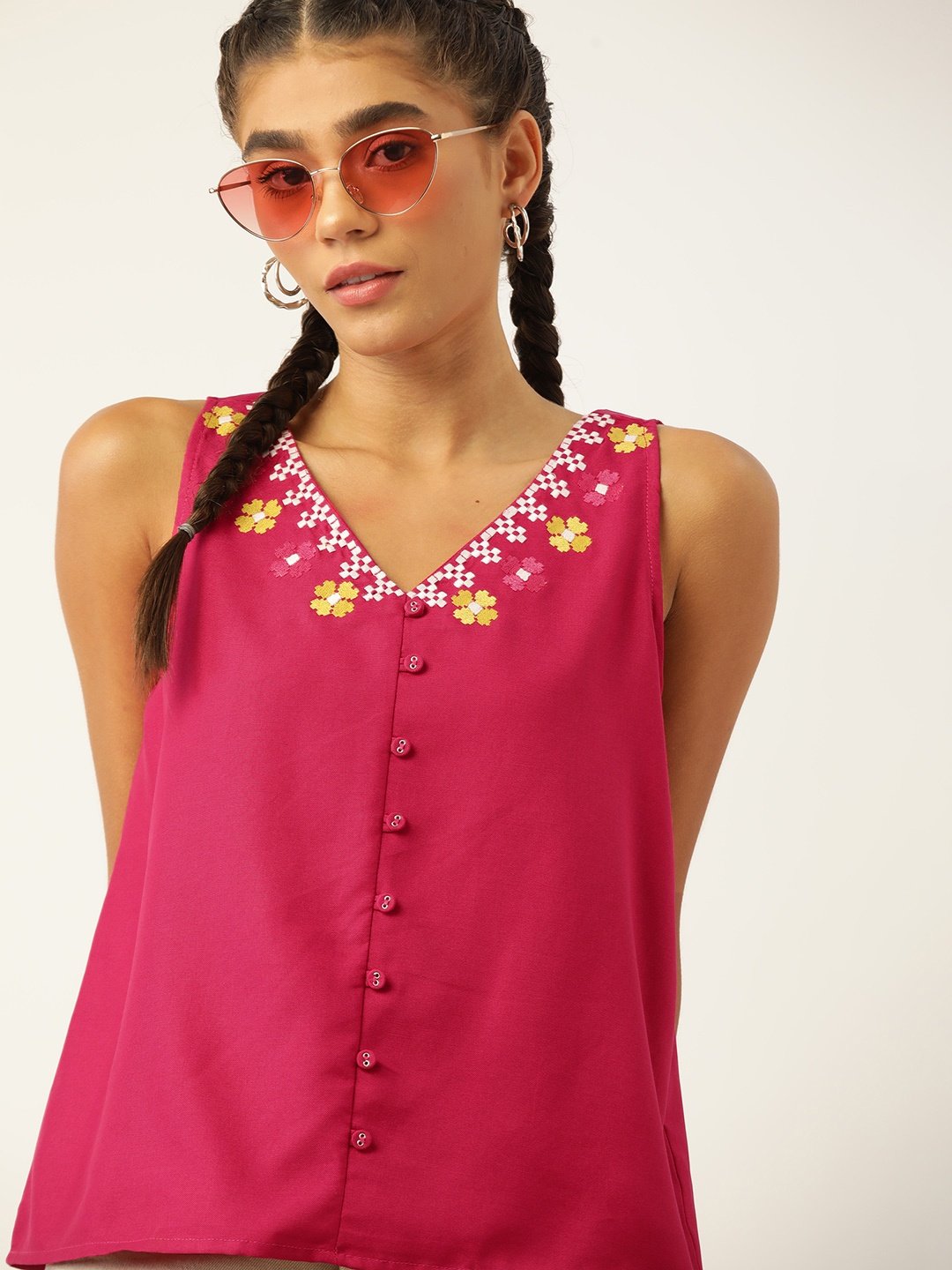 

DressBerry Magenta Floral Embroidered Detail Top