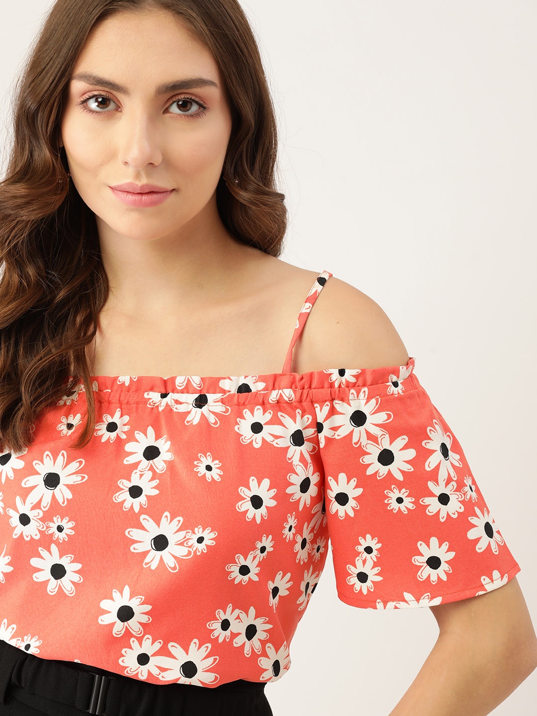

DressBerry Women Coral & White Floral Printed Cold Shoulder Crop Top