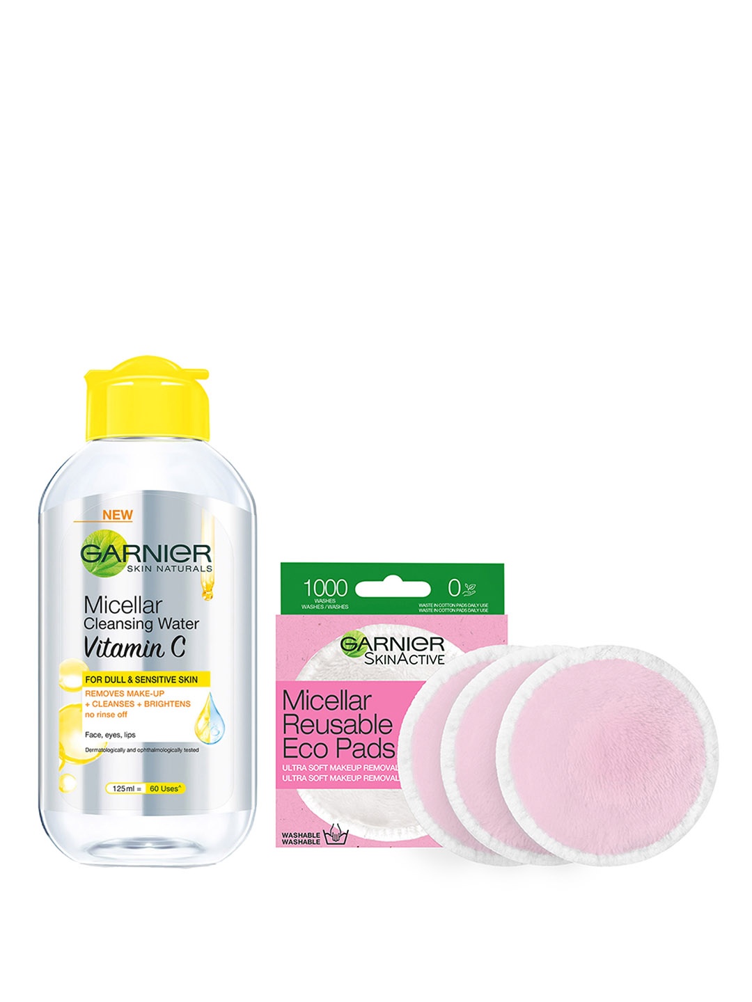 

Garnier Set of Vitamin C Micellar Water & 3 Micellar Reusable Eco Pads for Makeup Removal, White