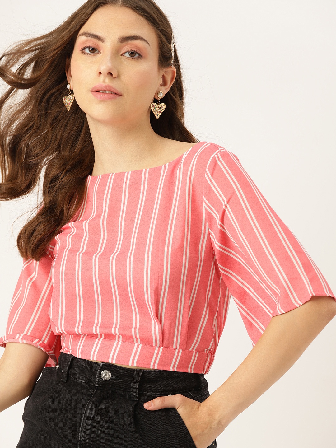 

DressBerry Pink Striped Blouson Crop Top, Coral