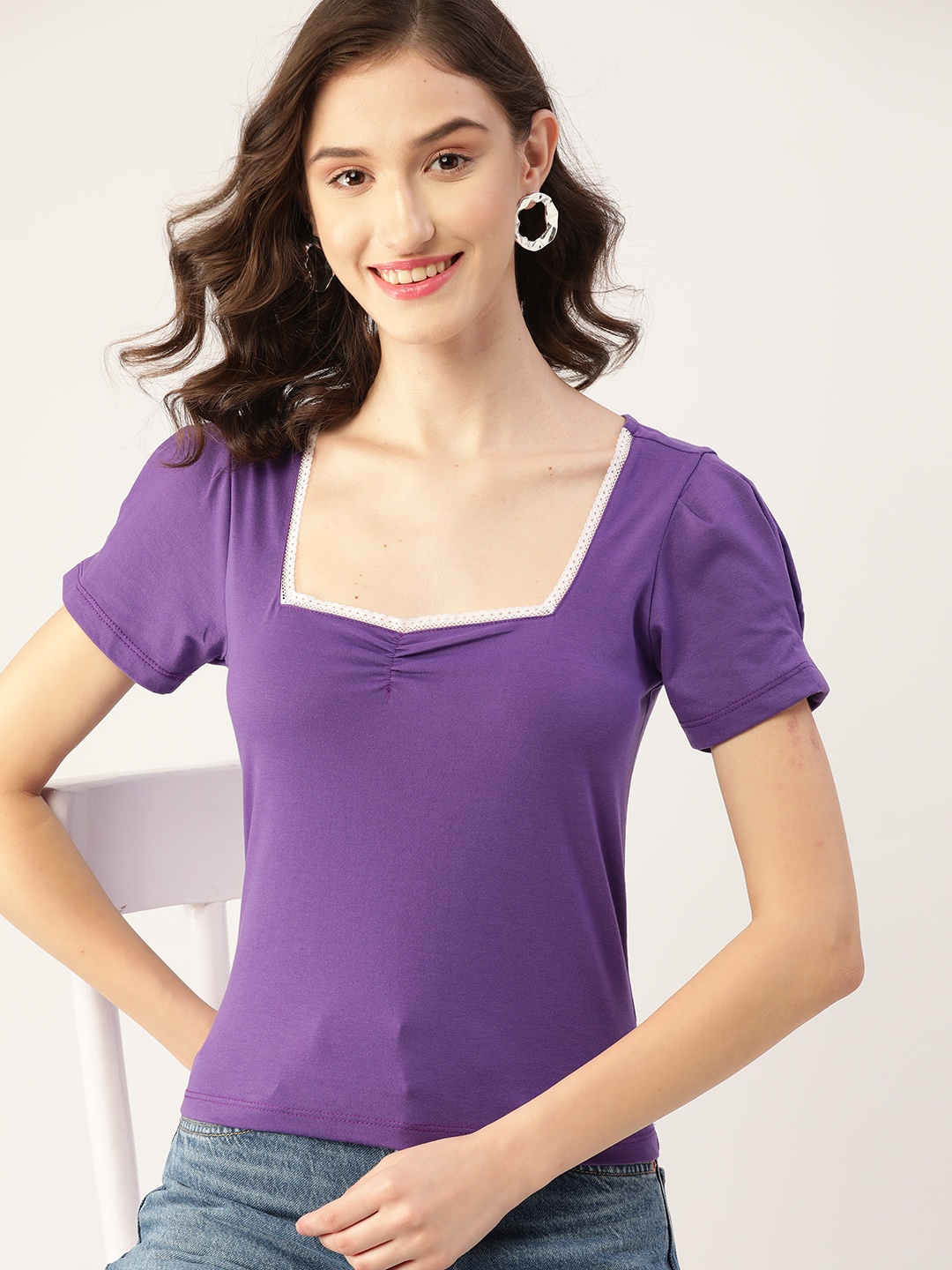 

DressBerry Purple Solid Sweetheart Neck Top