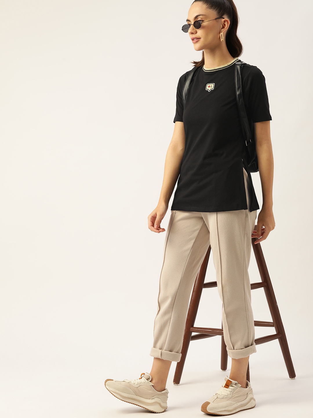 

DressBerry Women Black Applique Detail T-shirt with Side Slits