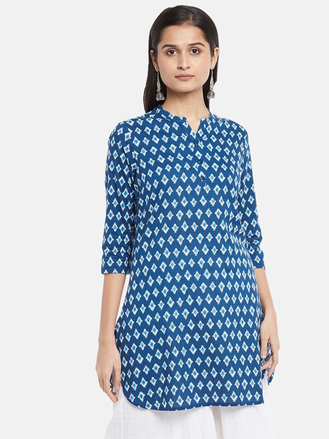 

People Blue & White Mandarin Collar Printed Pure CottonTunic