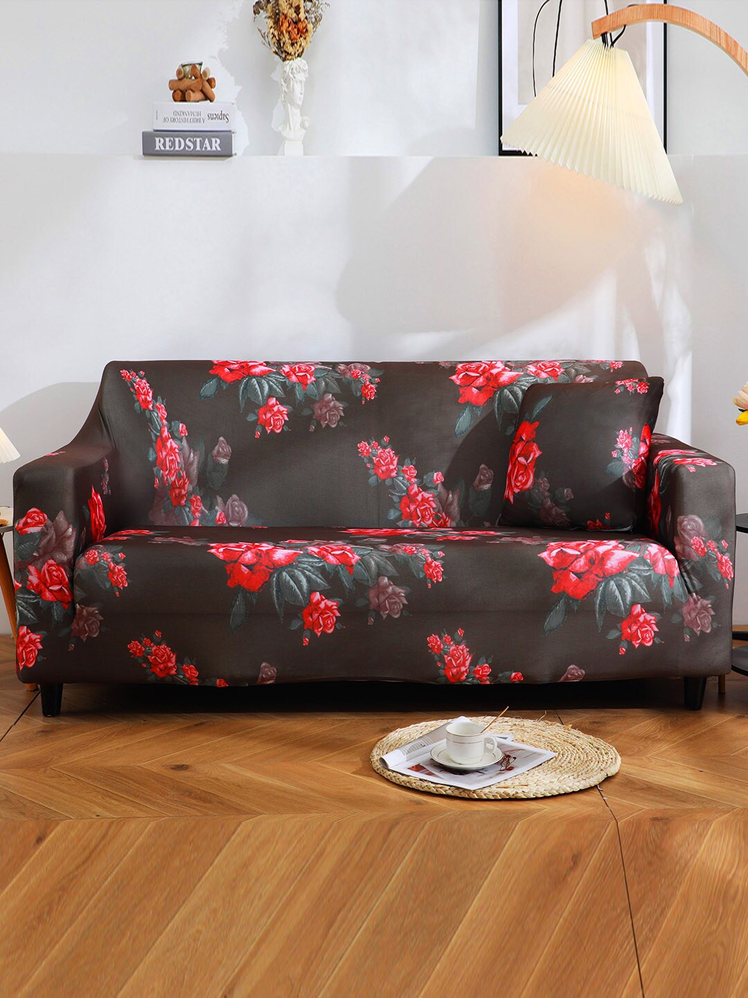 

HOUSE OF QUIRK Brown & Red Floral Printed 1-Seater Sofa Cover