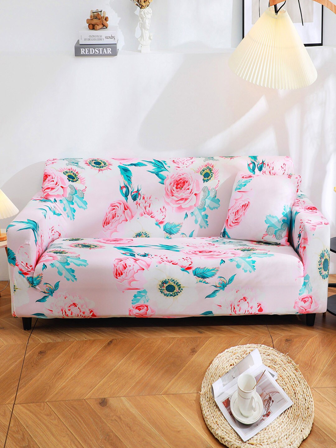 

HOUSE OF QUIRK Pink & Blue Floral Printed 1-Seater Sofa Cover