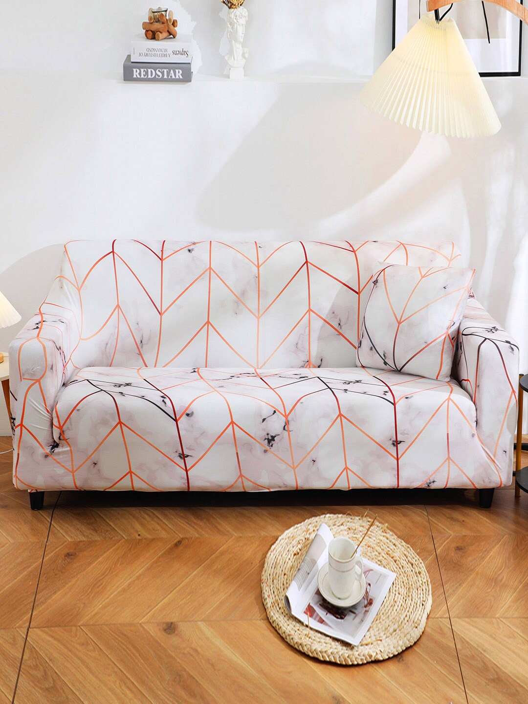 

HOUSE OF QUIRK White & Orange Printed 3-Seater Stretchable Non-Slip Sofa Slipcover