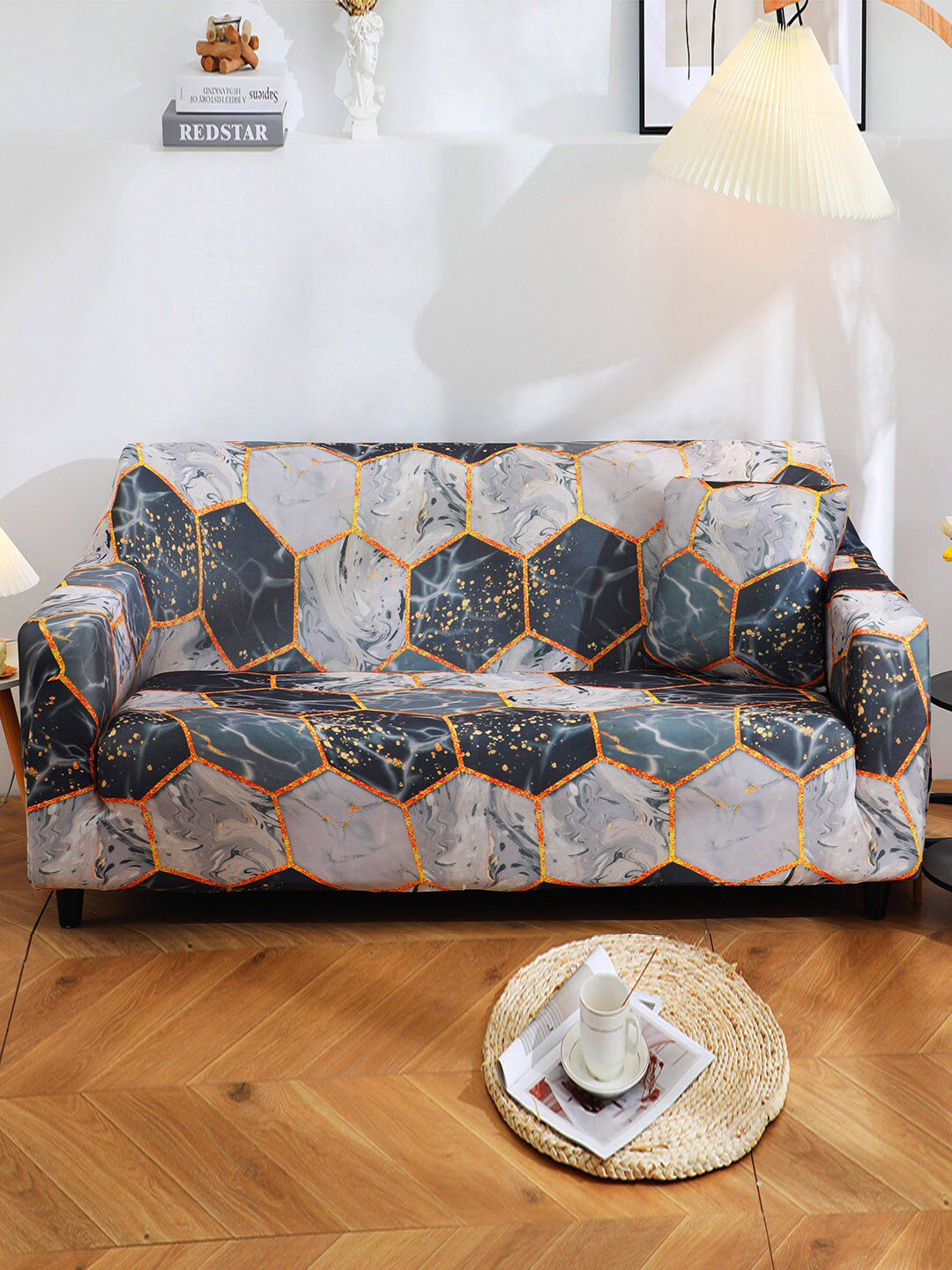 

HOUSE OF QUIRK Grey & Yellow Printed 2-Seater Stretchable Non-Slip Sofa Slipcover