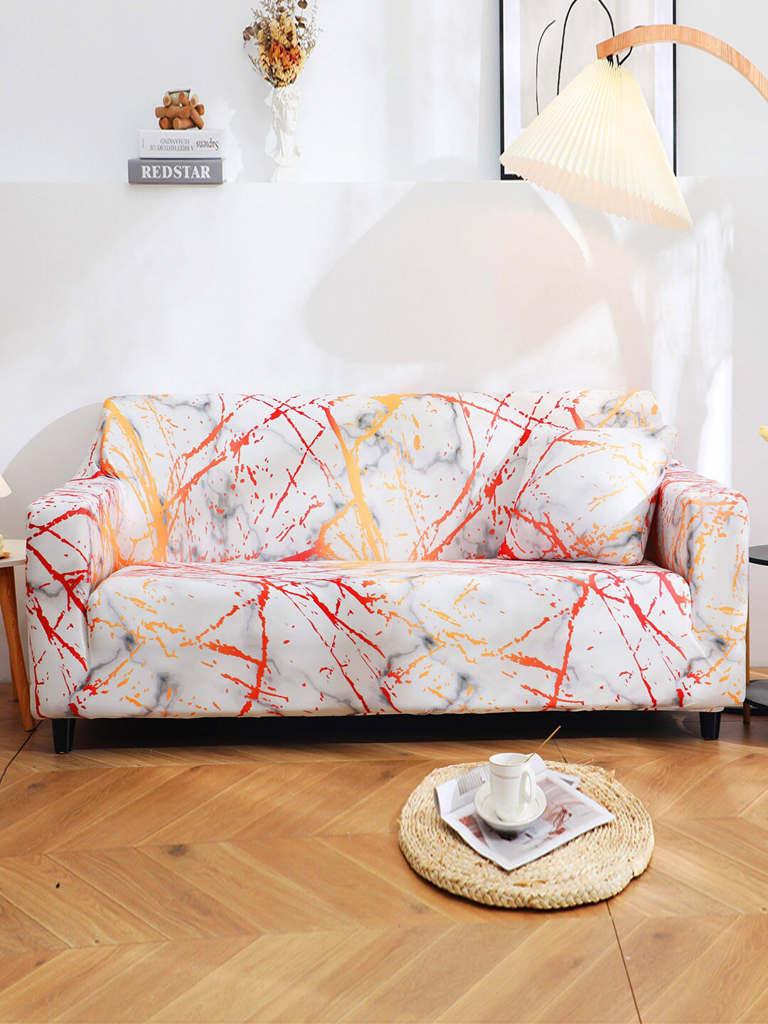 

HOUSE OF QUIRK White & Red Printed 1-Seater Stretchable Non-Slip Sofa Slipcover