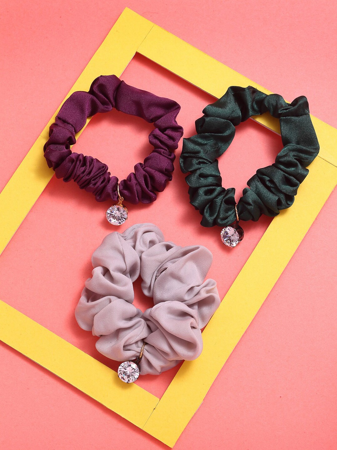 

VOGUE PANASH Women Set Of 3 Stone Beaded Satin Scrunchies, Maroon