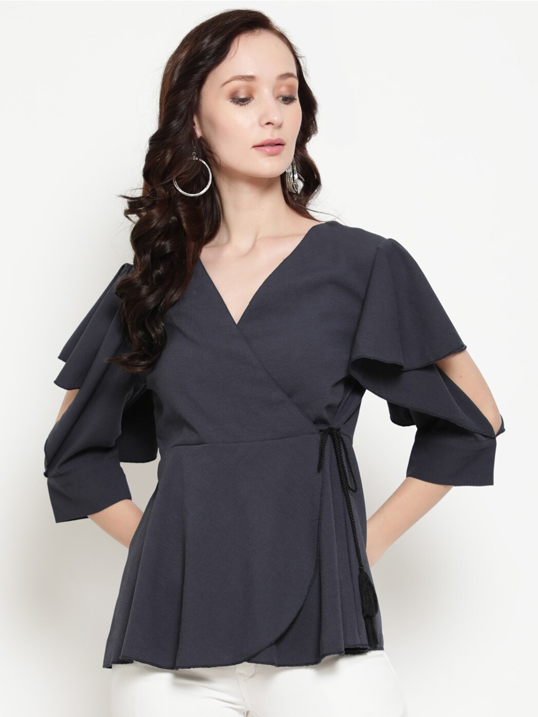 

AKIMIA Grey Slit Sleeves Crepe Wrap Top