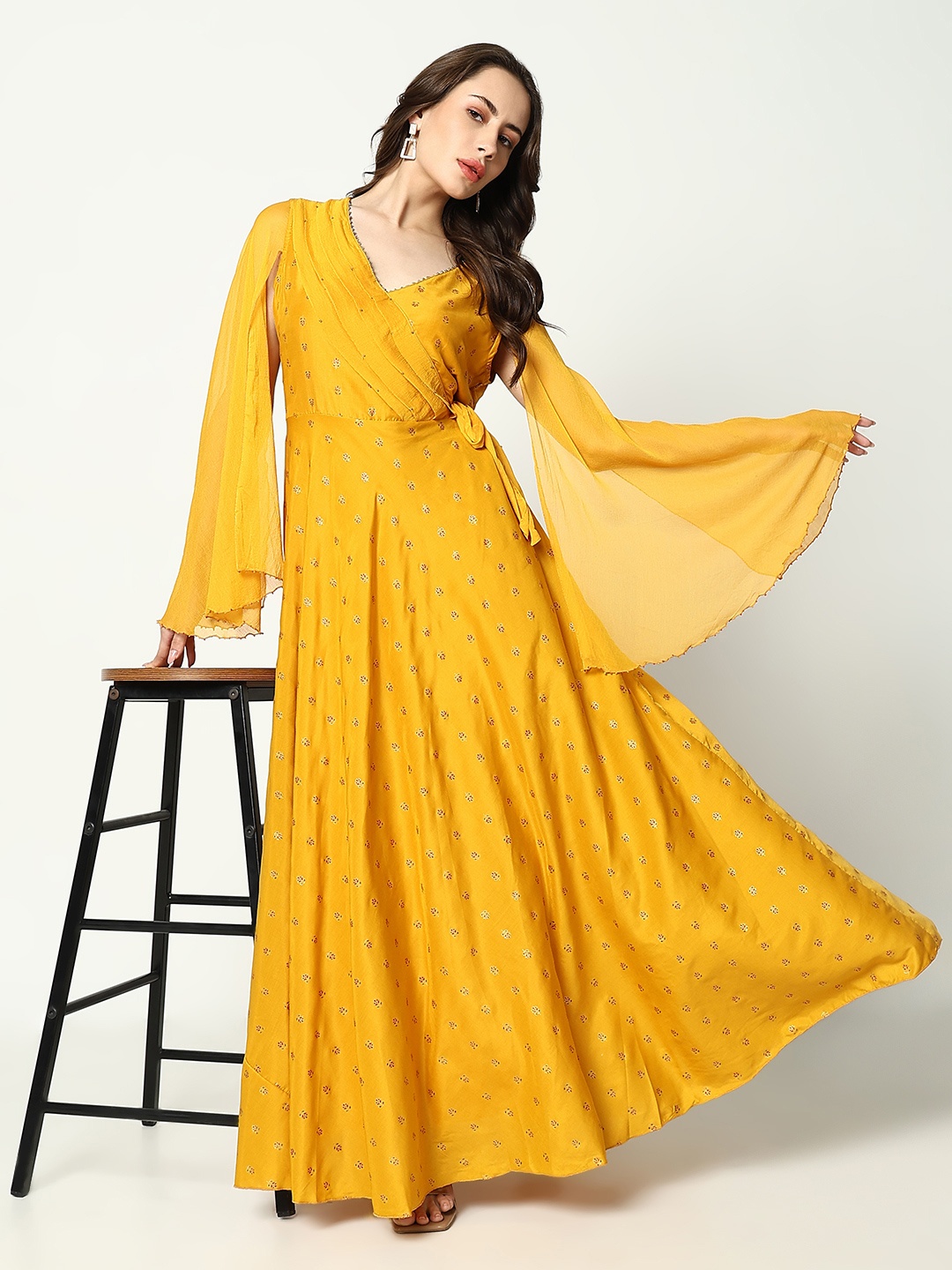 

SHOWOFF Women Mustard Yellow Ethnic Motifs Printed Flared Sleeves Anarkali Kurta