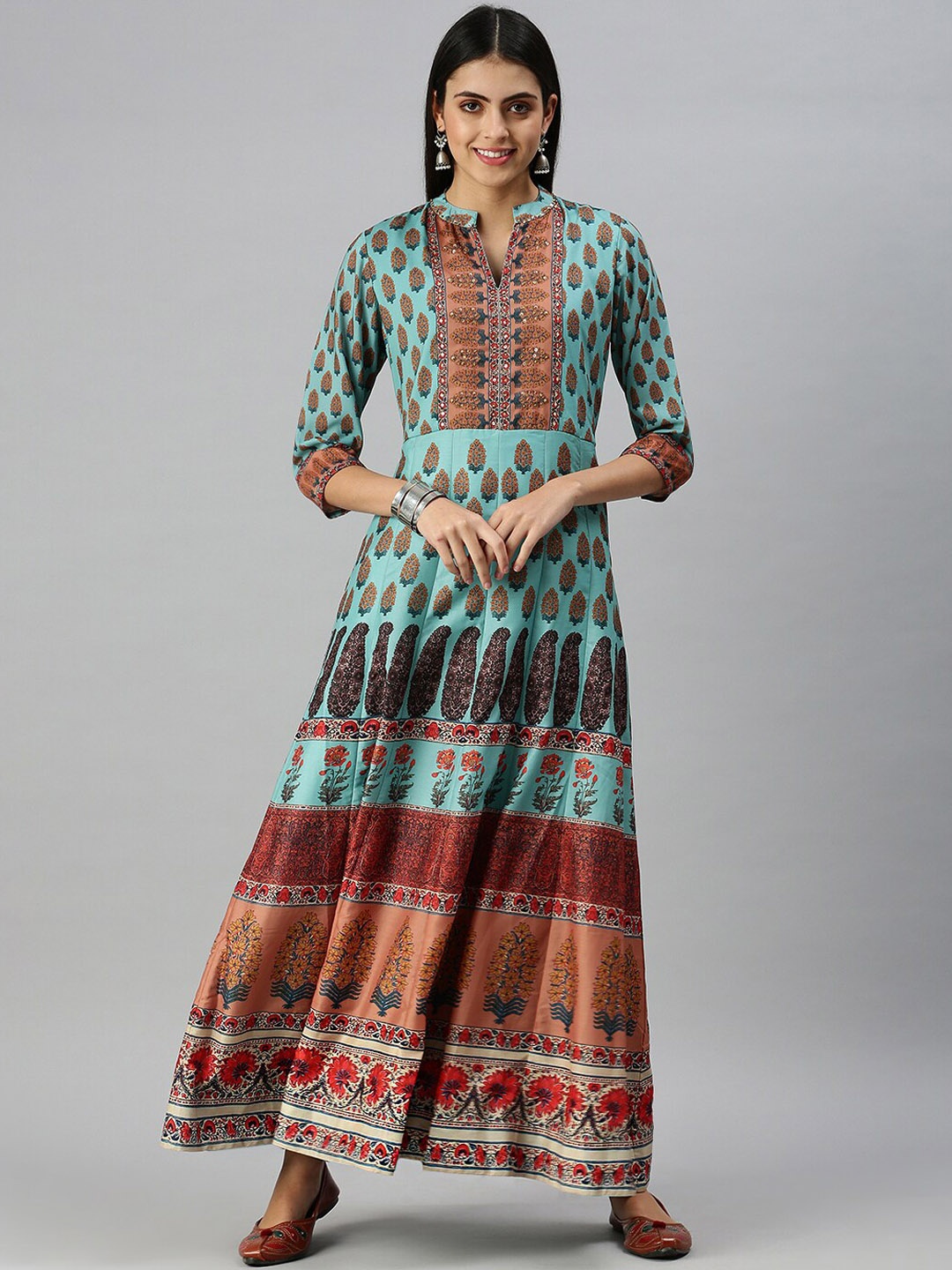 

SHOWOFF Women Turquoise Blue Ethnic Motifs Printed Anarkali Kurta