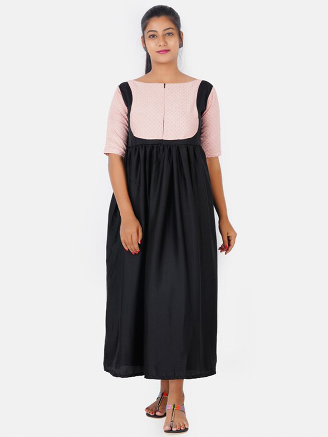 

Putchi Peach-Coloured & Black Colourblocked Cotton Maternity Maxi Dress with Pockets