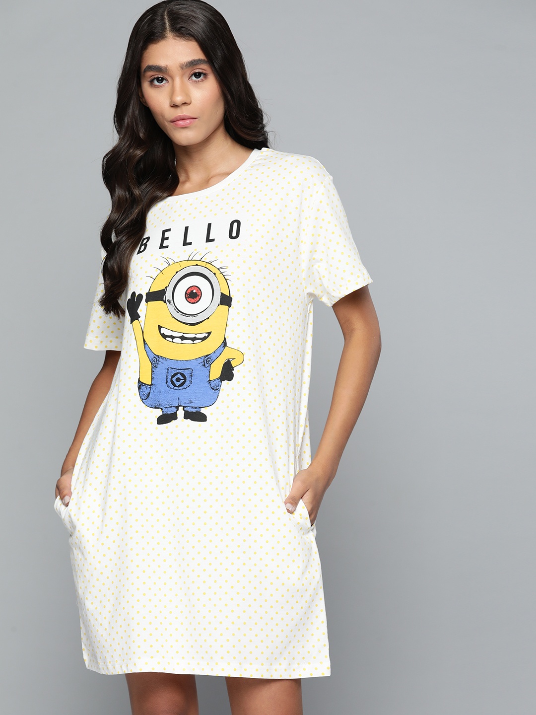 

Minions by Kook N Keech White Pure Cotton Graphic Printed T-shirt Nightdress
