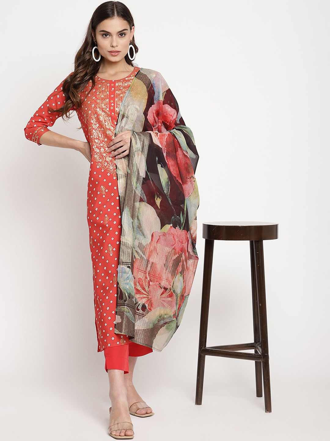 

Ahalyaa Women Red Ethnic Motifs Printed Kurta with Trousers & With Dupatta