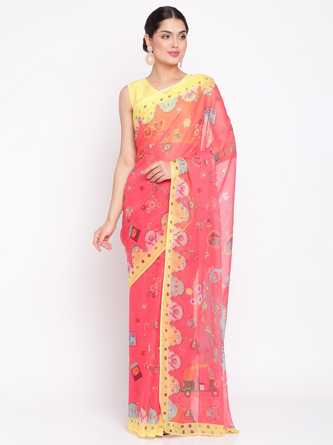 

Ahalyaa Pink & Yellow Quirky Print Saree, Coral