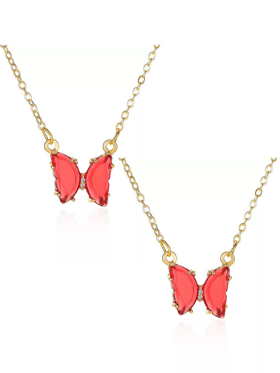 

Vembley Set of 2 Gold-Toned & Red Crystal Butterfly Gold-Plated Necklace