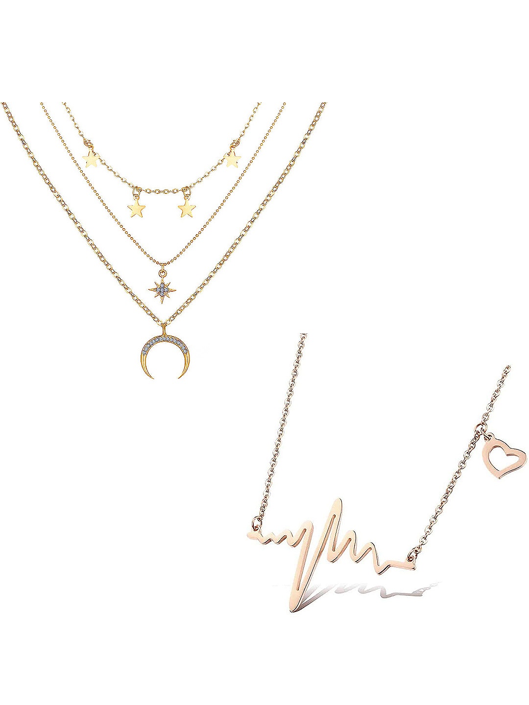 

Vembley Gold-Plated Set Of 2 Heartbeat and Stars Pendant Layered Necklace