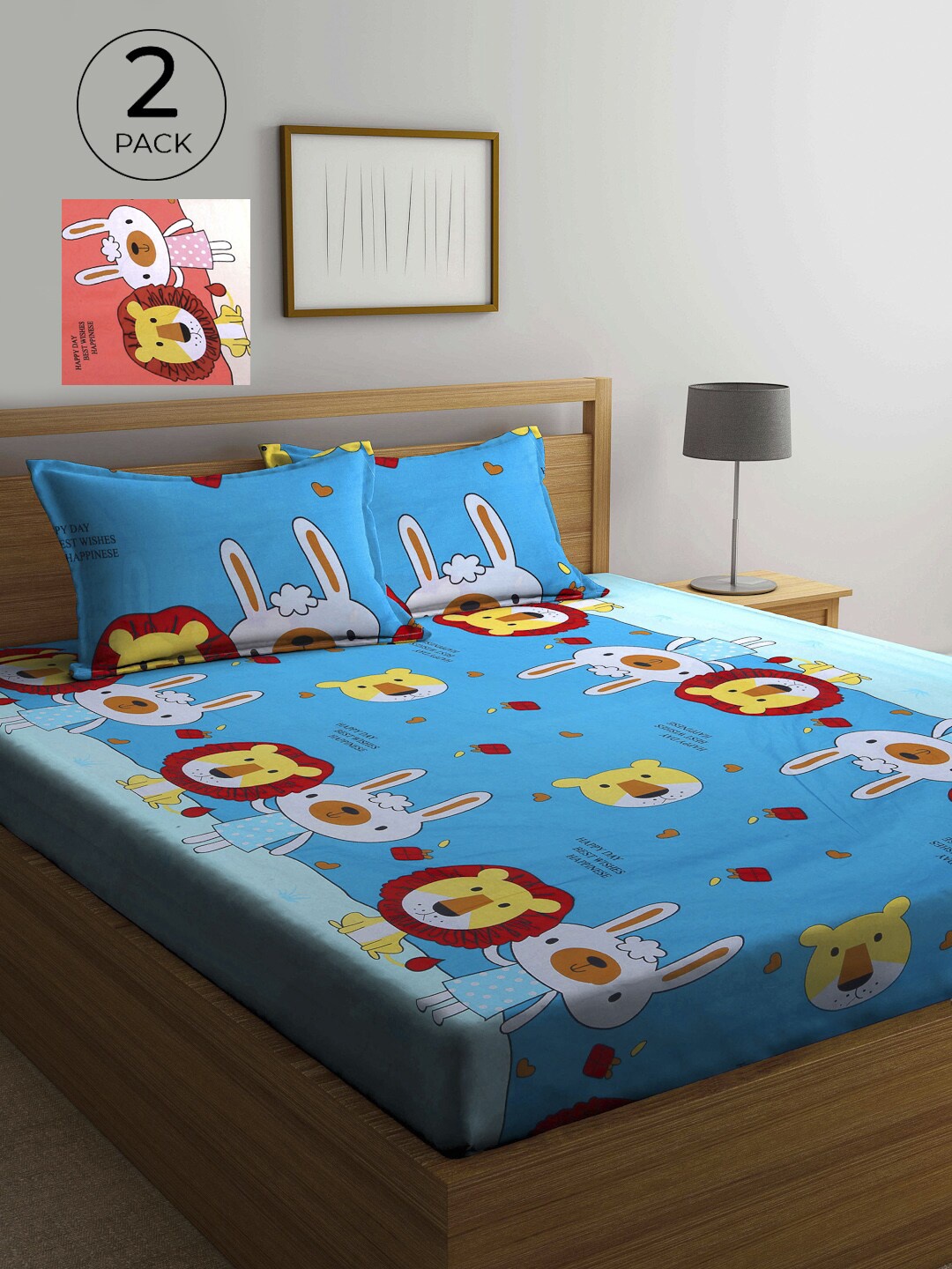 

KLOTTHE Blue & Peach Set Of 2 Cartoon Printed 210 TC Queen Bedsheet with 4 Pillow Cover