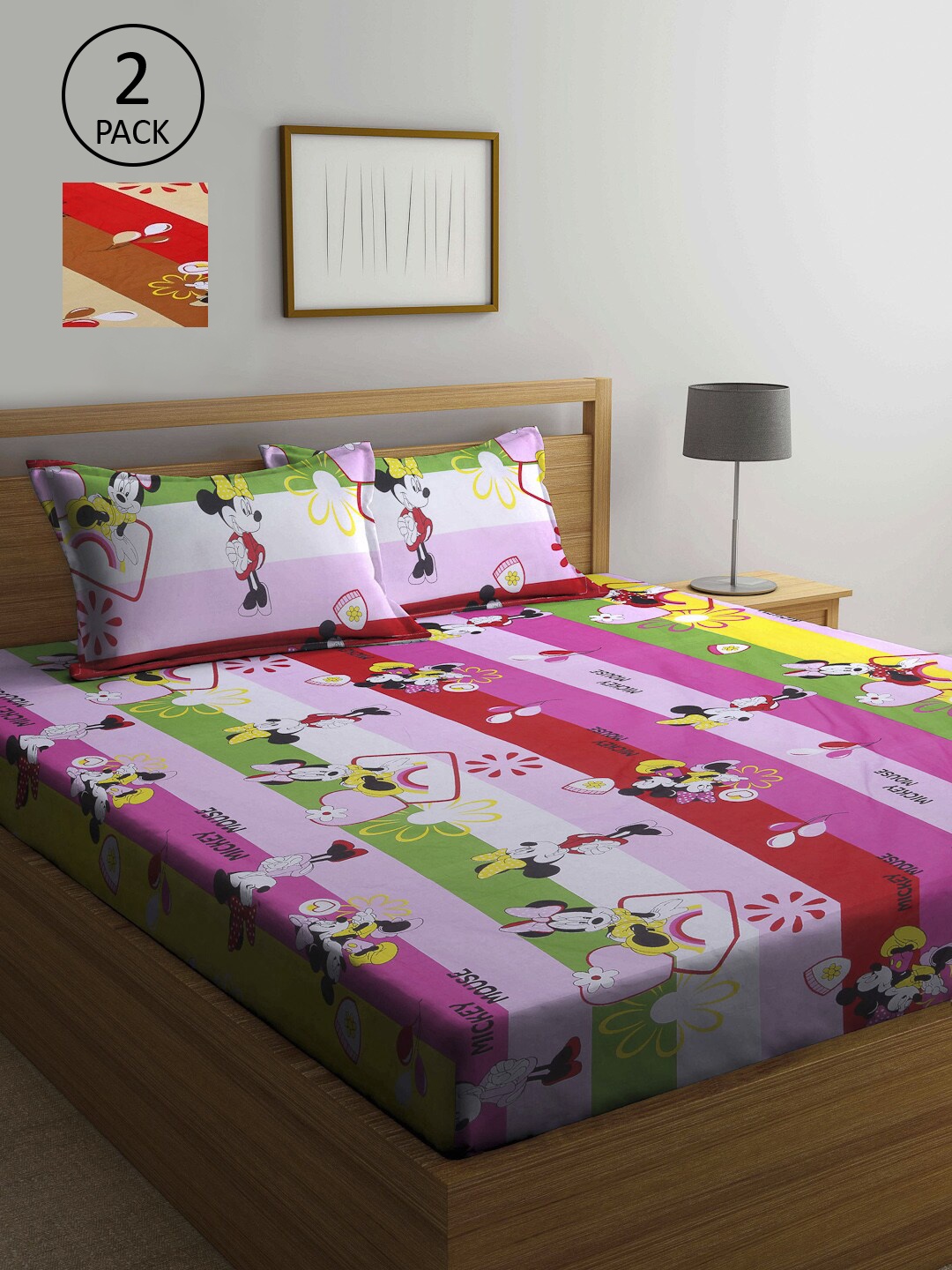 

KLOTTHE Pink & Green Cartoon Characters 210 TC 2 Queen Bedsheet with 4 Pillow Covers