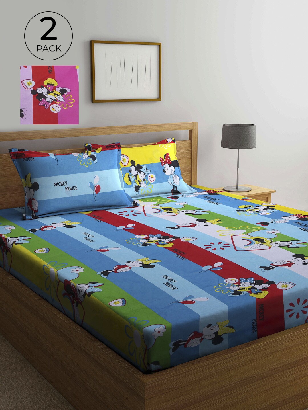 

KLOTTHE Multi Color Set Of 2 Cartoon Printed 210 TC Queen Bedsheet with 4 Pillow Covers