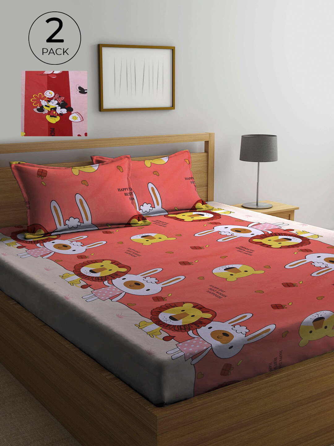 

KLOTTHE Red & Orange Cartoon Characters 210 TC 2 Queen Bedsheet with 4 Pillow Covers