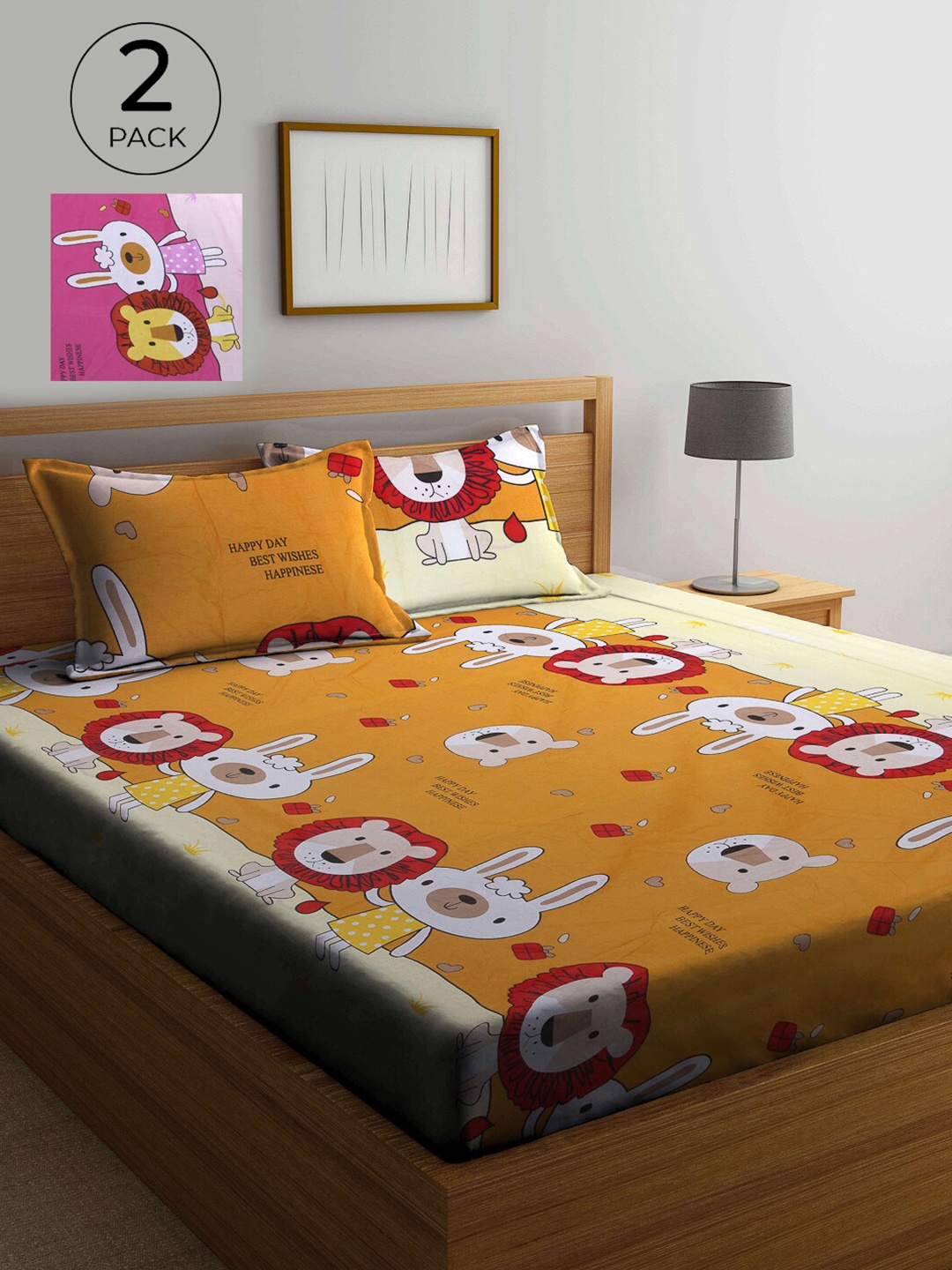 

KLOTTHE Magenta & Orange Cartoon Characters 210 TC 2 Queen Bedsheet with 4 Pillow Covers