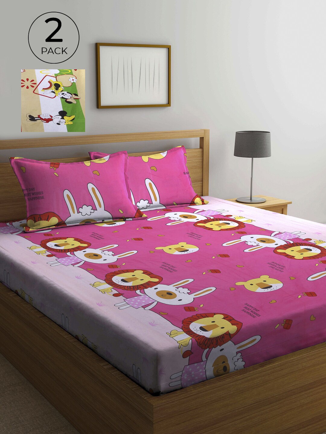 

KLOTTHE Pink & Yellow Cartoon Characters Printed 210 TC 2 Bedsheet With 4 Pillow Covers