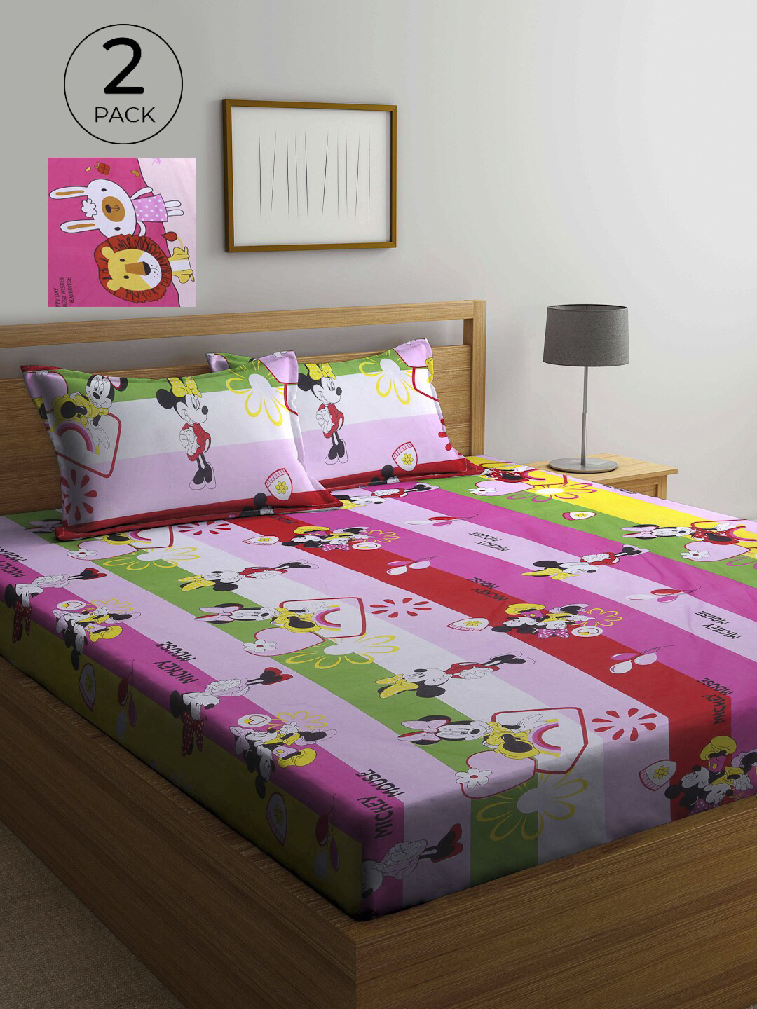 

KLOTTHE Pink & Yellow Cartoon Characters 210 TC 2 Queen Bedsheet with 4 Pillow Covers