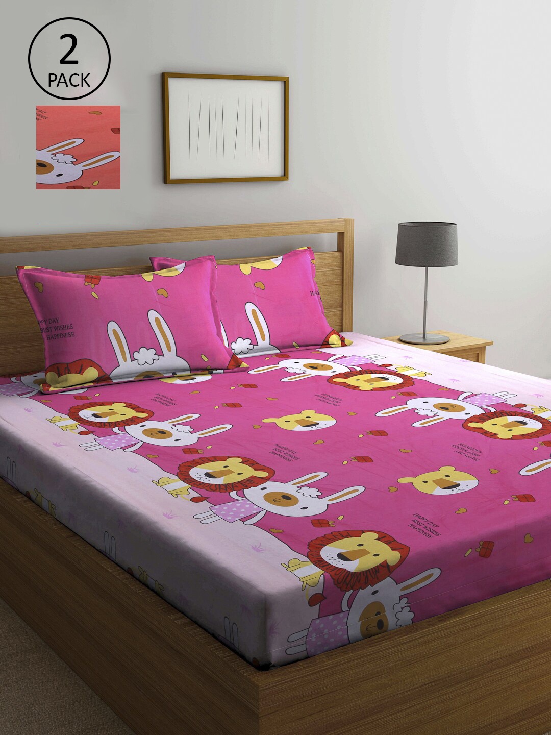 

KLOTTHE Magenta & Peach-Coloured Printed 210 TC 2 Queen Bedsheet with 4 Pillow Covers