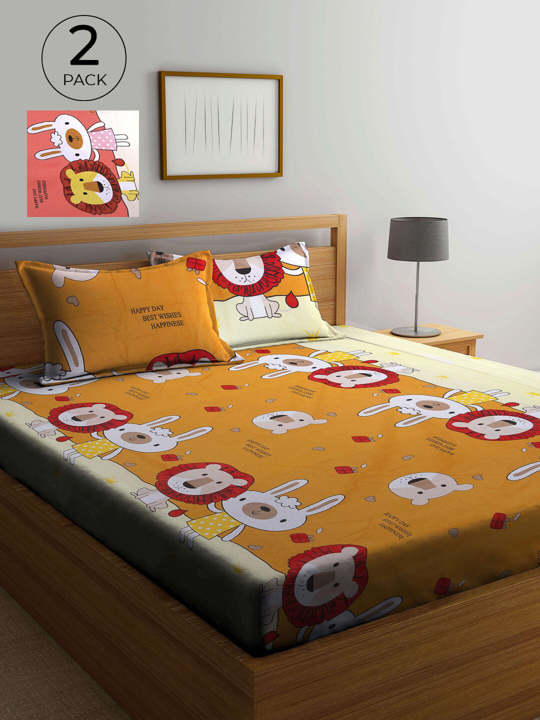 

KLOTTHE Orange & Mustard Cartoon Characters 210 TC 2 Queen Bedsheet with 4 Pillow Covers