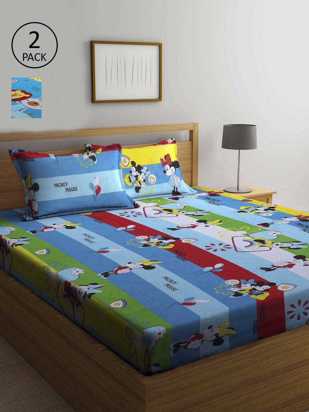 

KLOTTHE Blue & Green Cartoon Characters 210 TC 2 Queen Bedsheet with 4 Pillow Covers