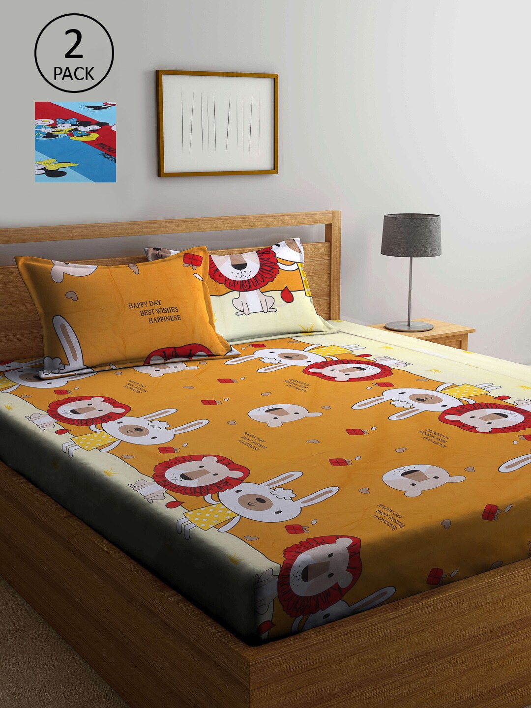 

KLOTTHE Blue & Mustard Cartoon Characters 210 TC 2 Queen Bedsheet with 4 Pillow Covers