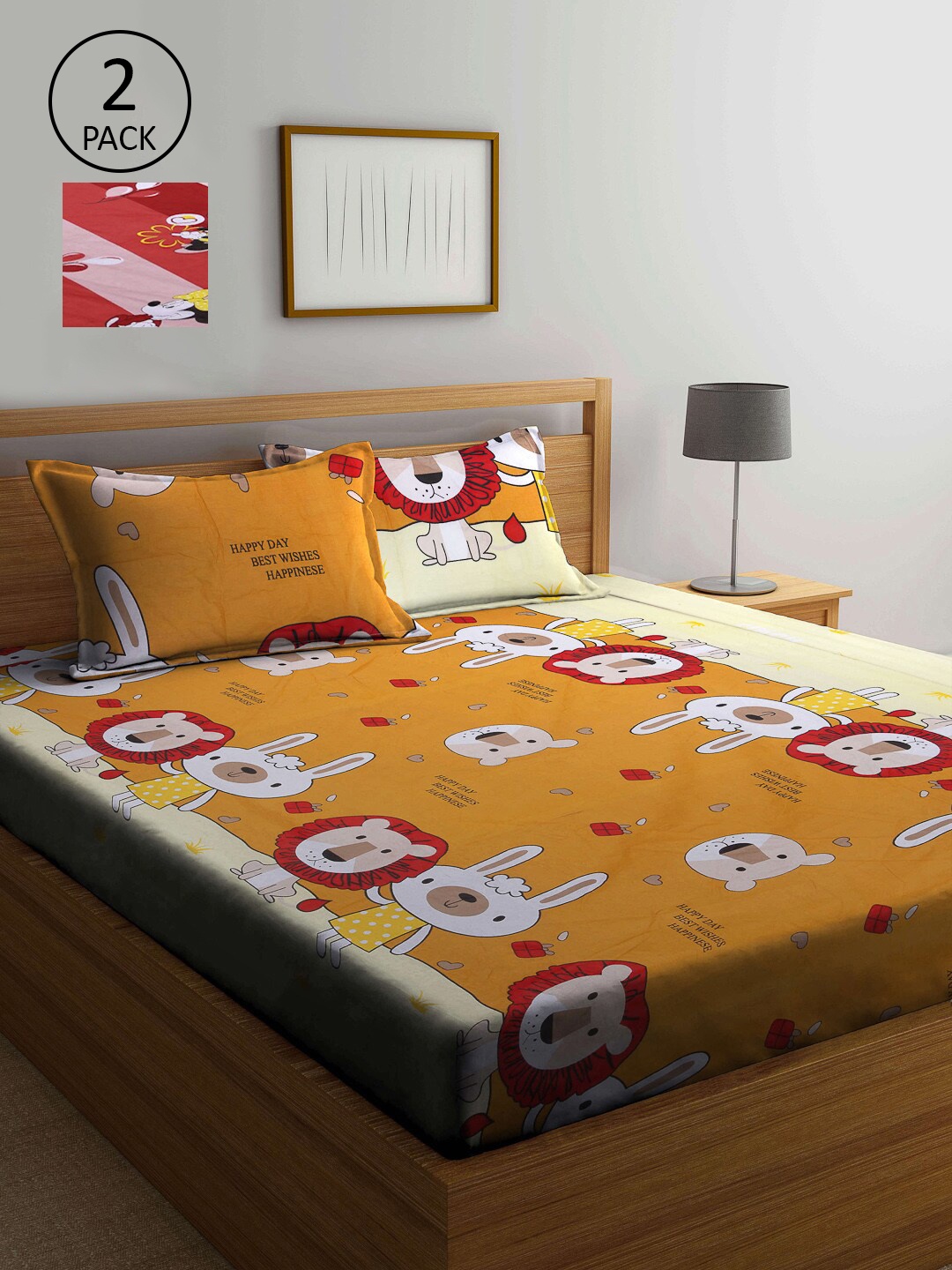 

KLOTTHE Mustard & Red Cartoon Characters 210 TC 2 Queen Bedsheet with 4 Pillow Covers