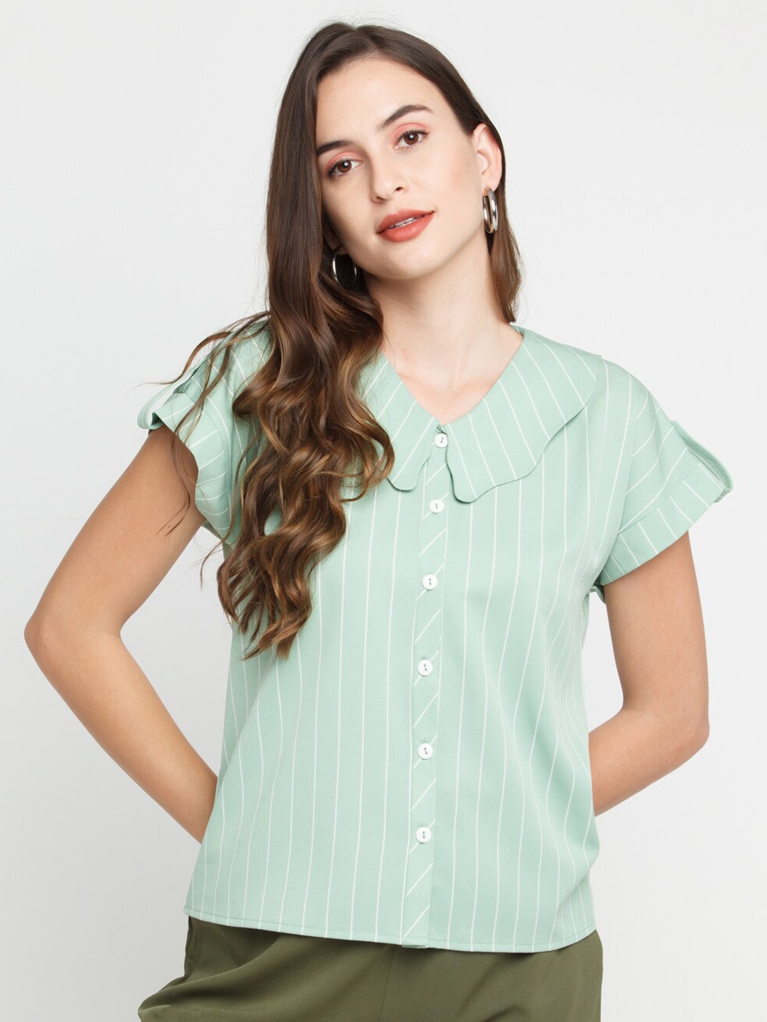 

Zink London Women Green Slim Fit Striped Casual Shirt