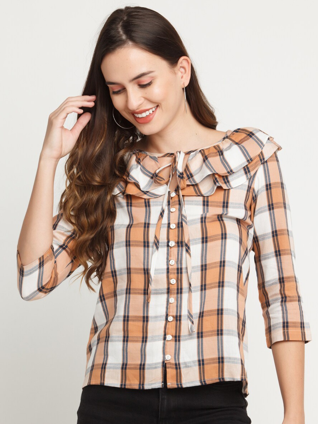 

Zink London Women White Slim Fit Tartan Checks Checked Casual Shirt