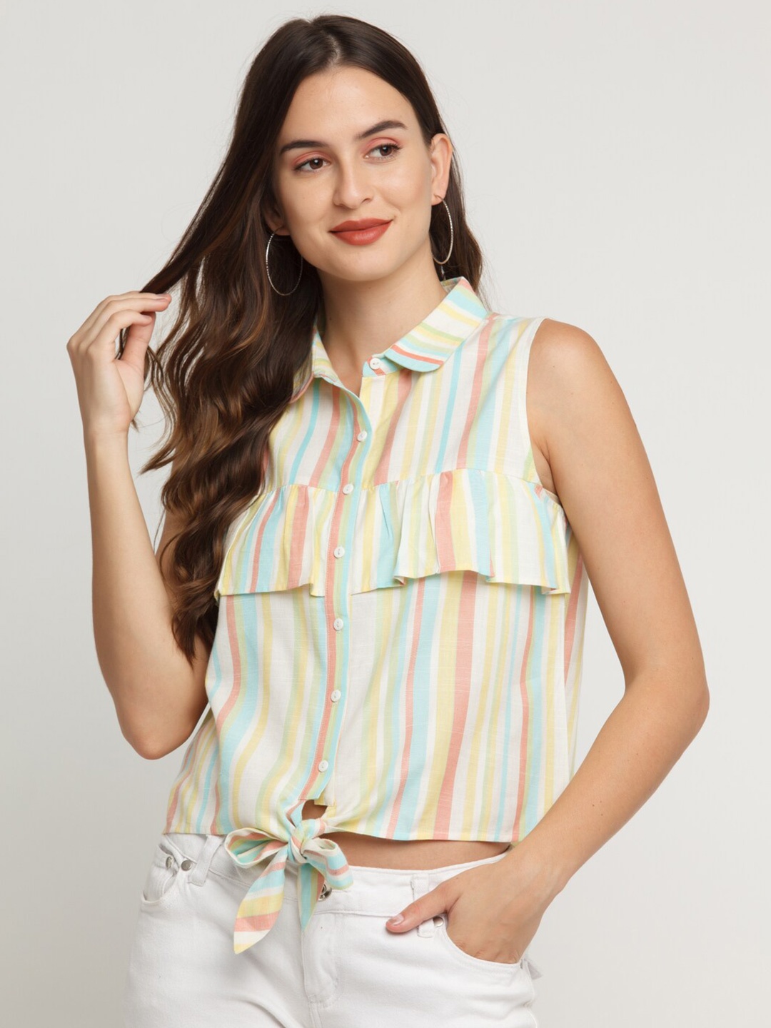 

Zink London Women White & Yellow Slim Fit Striped Pure Cotton Casual Shirt