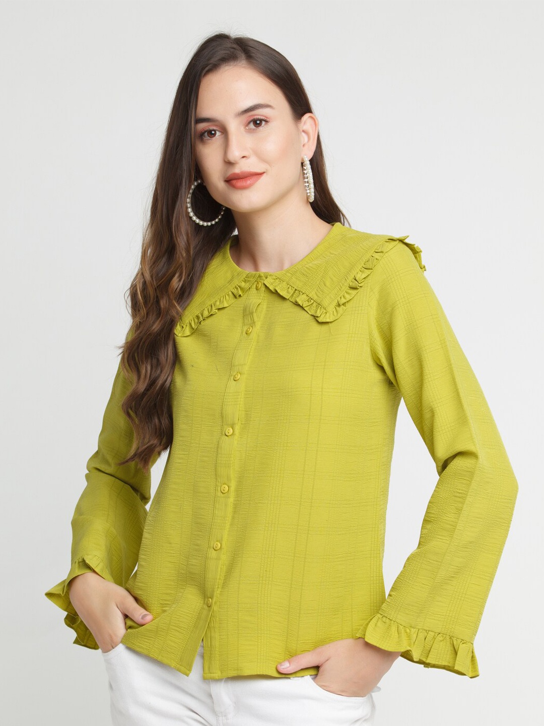 

Zink London Green Checked Peter Pan Collar Shirt Style Top