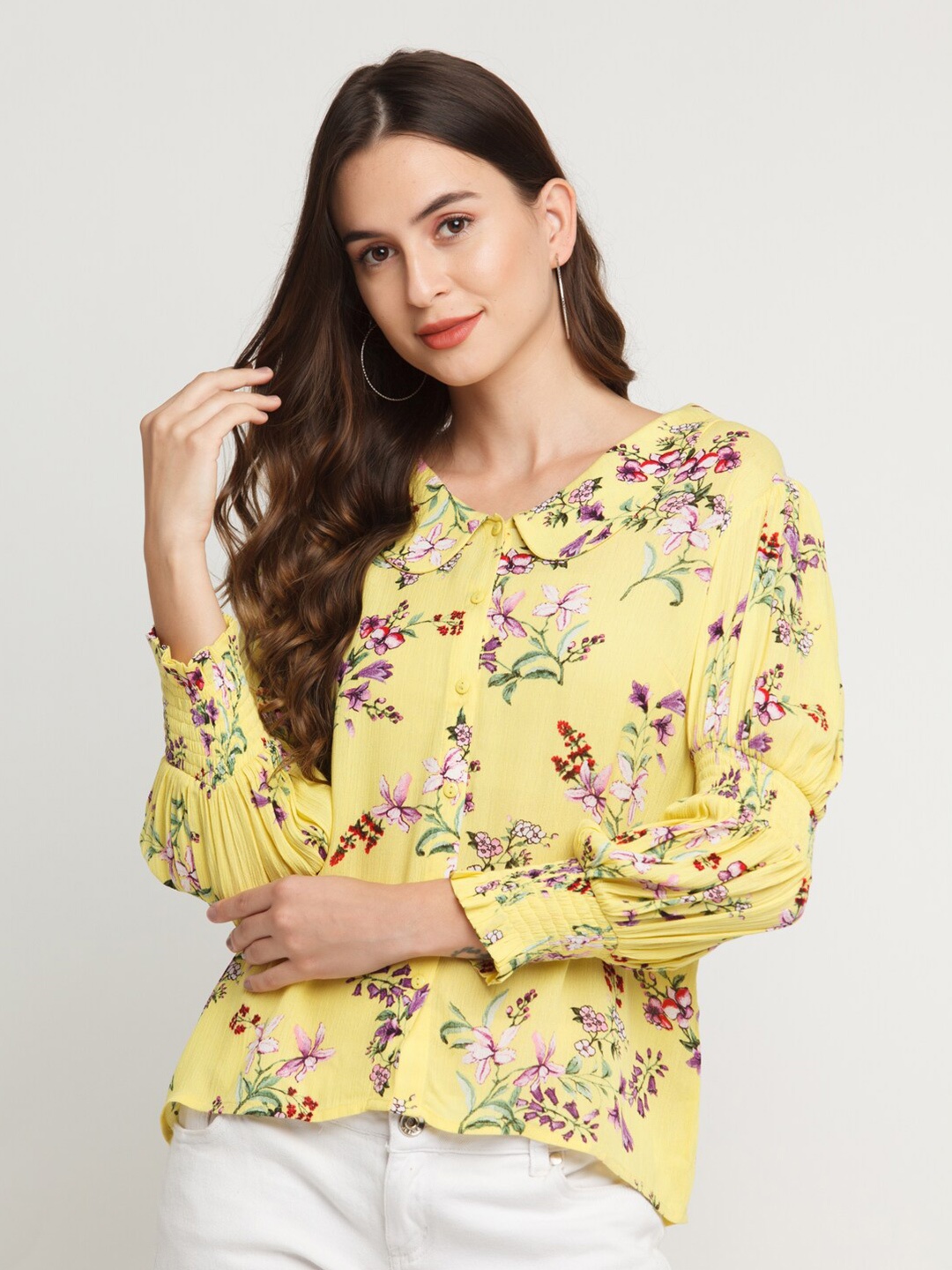 

Zink London Women Yellow Slim Fit Floral Printed Casual Shirt