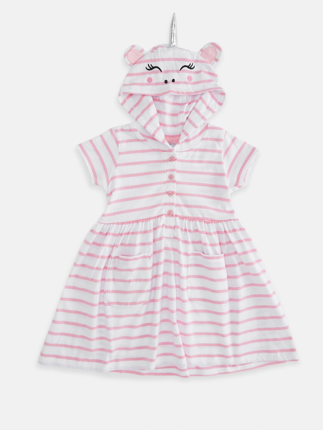 

Pantaloons Baby Girls White & Pink Striped Pure Cotton Dress