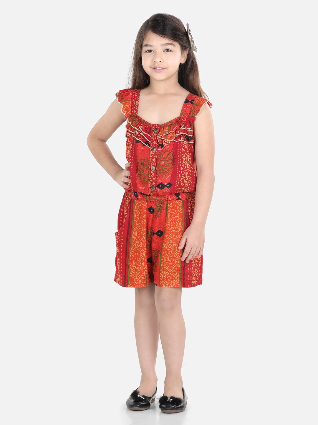 

Cutiekins Girls Orange & Green Printed with Ruffles Jumpsuit