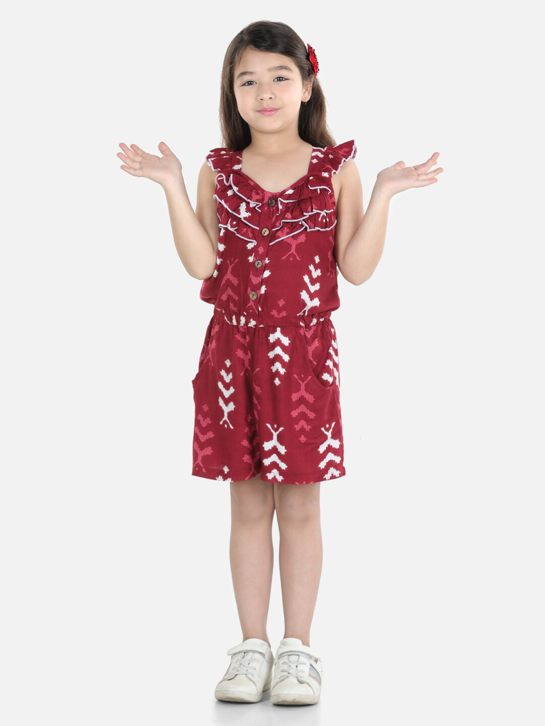 

Cutiekins Girls Maroon & White Printed with Ruffles Playsuit