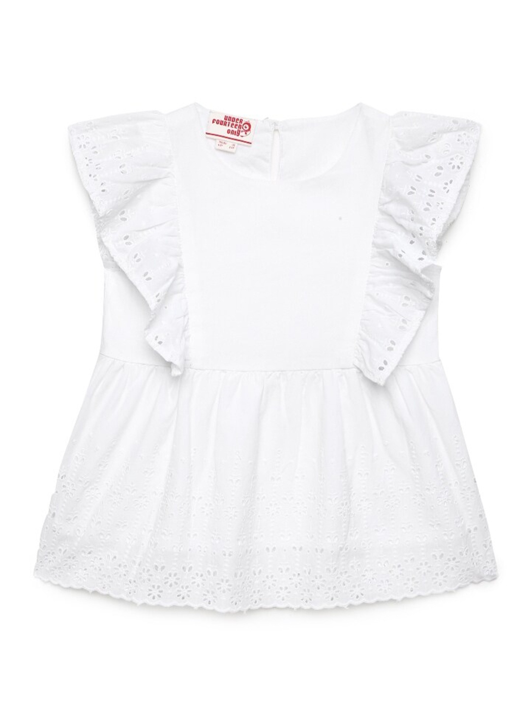 

UNDER FOURTEEN ONLY White Solid Schiffli Ruffles Peplum Top